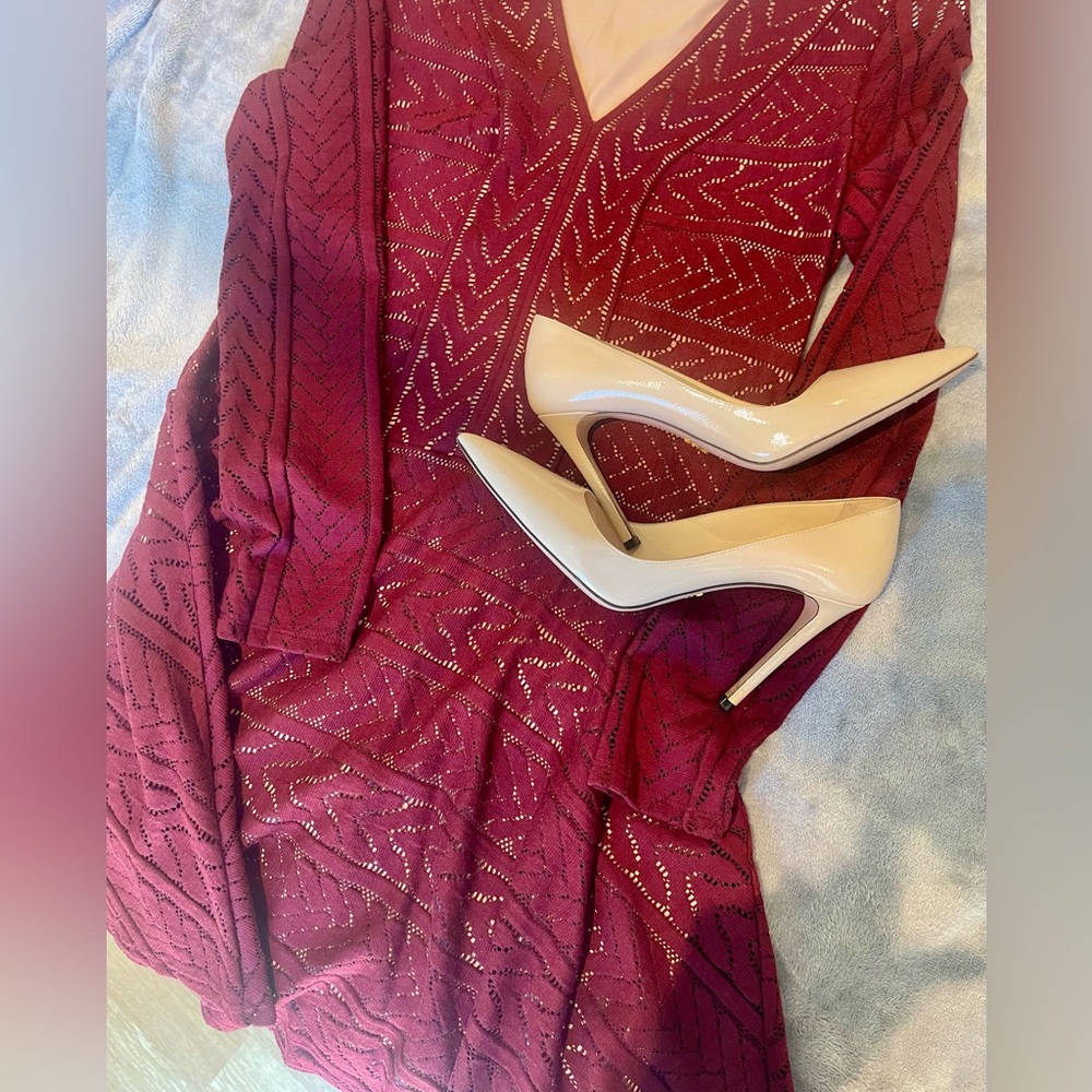 BCBGMaxAzria Burgundy Long Sleeve Dress with Cream Heels